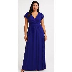 Formal Dress Fits M/L Deep Purple Wrap V Neck Flutter Sleeve‎ Maxi Dress NWT